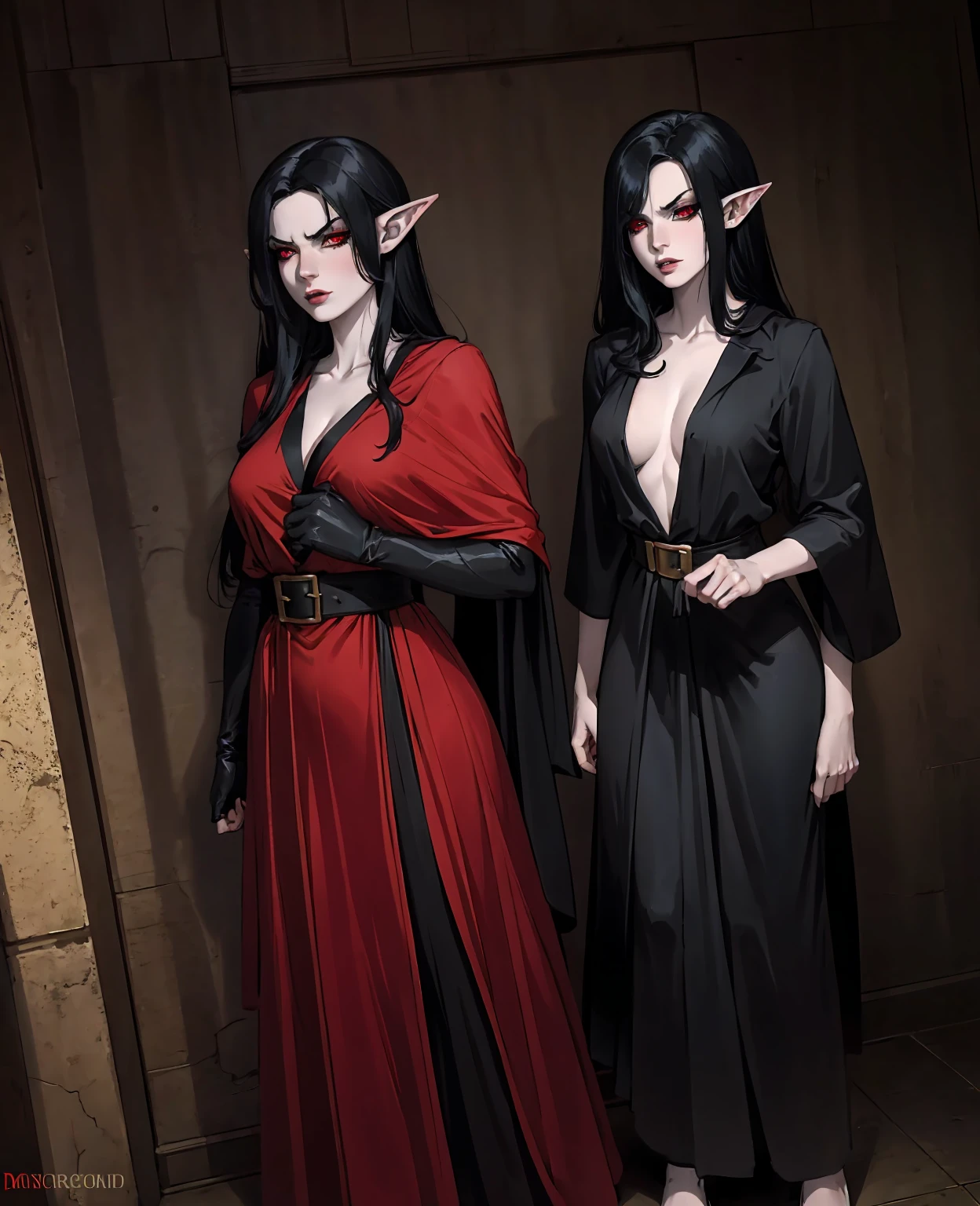 a devilish woman with black hair, pale skin, extremely detailed face, beautiful detailed eyes, beautiful detailed lips, longeyelashes, red eyes, wearing an elf-like costume, curvy body, dark and mysterious setting, dark fantasy, concept art, chiaroscuro lighting, moody, dramatic, dramatic lighting, cinematic, muted colors, deep shadows