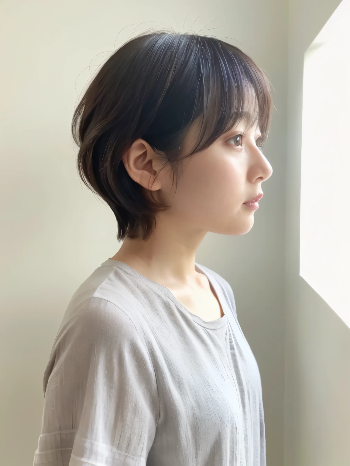 Short sleeve shirt、40A chubby Japanese woman in her thirties、(White wall in the background、Gray hair)、profile、Photographed in front of a white wall、Layered Cut、Very delicate hair、(In a room with white walls and windows)、((Highest quality、8K、masterpiece:1.3))、Ultra-high resolution、(photoGenuineistic:1.4)、RAW Photos、Japanese,(detailed aspects)、Genuine、Photographed in natural light、Highly detailed face and skin texture、Highly detailed lips、The correct state of the human body、Shortcuts、Short Hair、Various poses、Natural color lip
