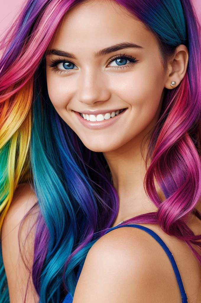 A young woman with bright eyes and colorful hair, wearing an adorable smile