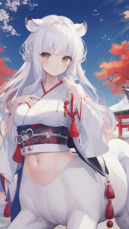(best quality, masterpiece), 1 girl, centaur, It takes,Japanese ,smiley face,exposing the abdomen, belly button t-shirt,아름다운 소녀 perfect white tiger photo, perfect white tiger photo