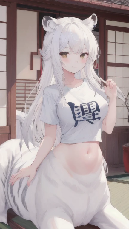 (best quality, masterpiece), 1 girl, centaur, It takes,Japanese ,smiley face,exposing the abdomen, belly button t-shirt,아름다운 소녀 perfect white tiger photo, perfect white tiger photo