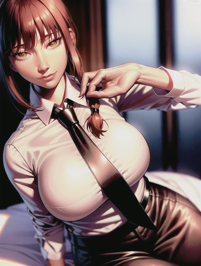 Fine, shiny skin, (Realistic, photo-Realistic:1.4), Pretty girl, Are standing, Looking out the window, White shirt, Collared shirt, Black tie, Black trousers, Long sleeve, smile (Red nose), Yellow Eyes + The eyes are round, short hair + Redhead + Long braided hair, hand \(Chainsaw Man\)