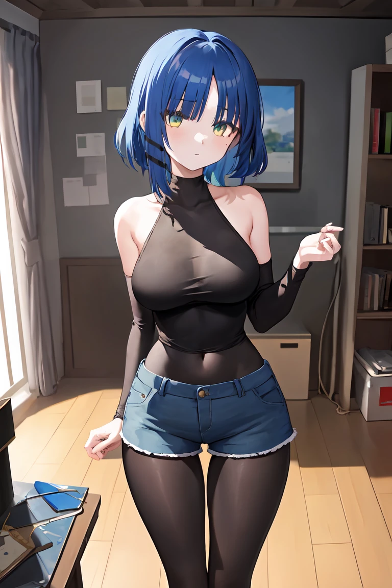 masterpiece, best quality, ultra-high-detailed, 1girl, black top, blue shorts, black pantyhose micro tanding、(Expressionless:1.3), Wide Hips, Thick thighs, (Thigh Gap:1.2), （Big Breasts:1.4),a room、（Being connected by a lead、）（squat:1.4)