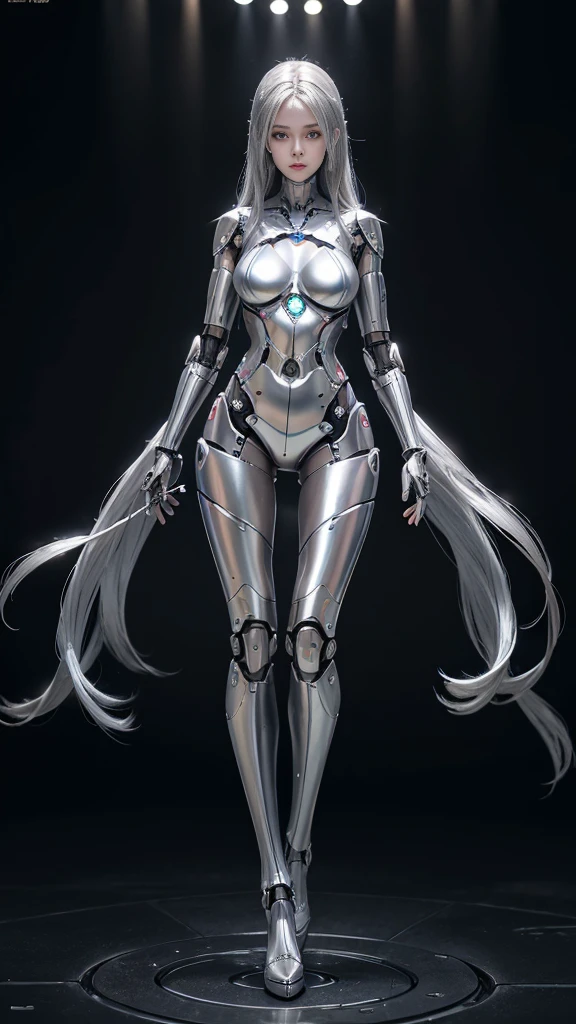 female robot, skin part is only face, silver metal skin, full metal robot body, mechanical parts, electronic wire, cum in pussy, high quality, medium breasts, long hair, tall, thigh gap, full body metal skin, wet, cum in pussy, metallic tits, separated breast, under repair, anatomical body