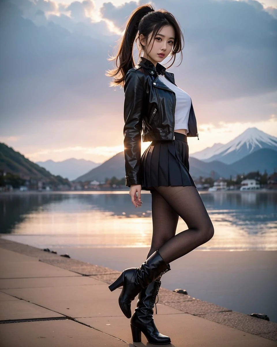 Beautiful Japanese waifu, early 30s, brunette hair, black jacket, pleated skirt, ankle high boots