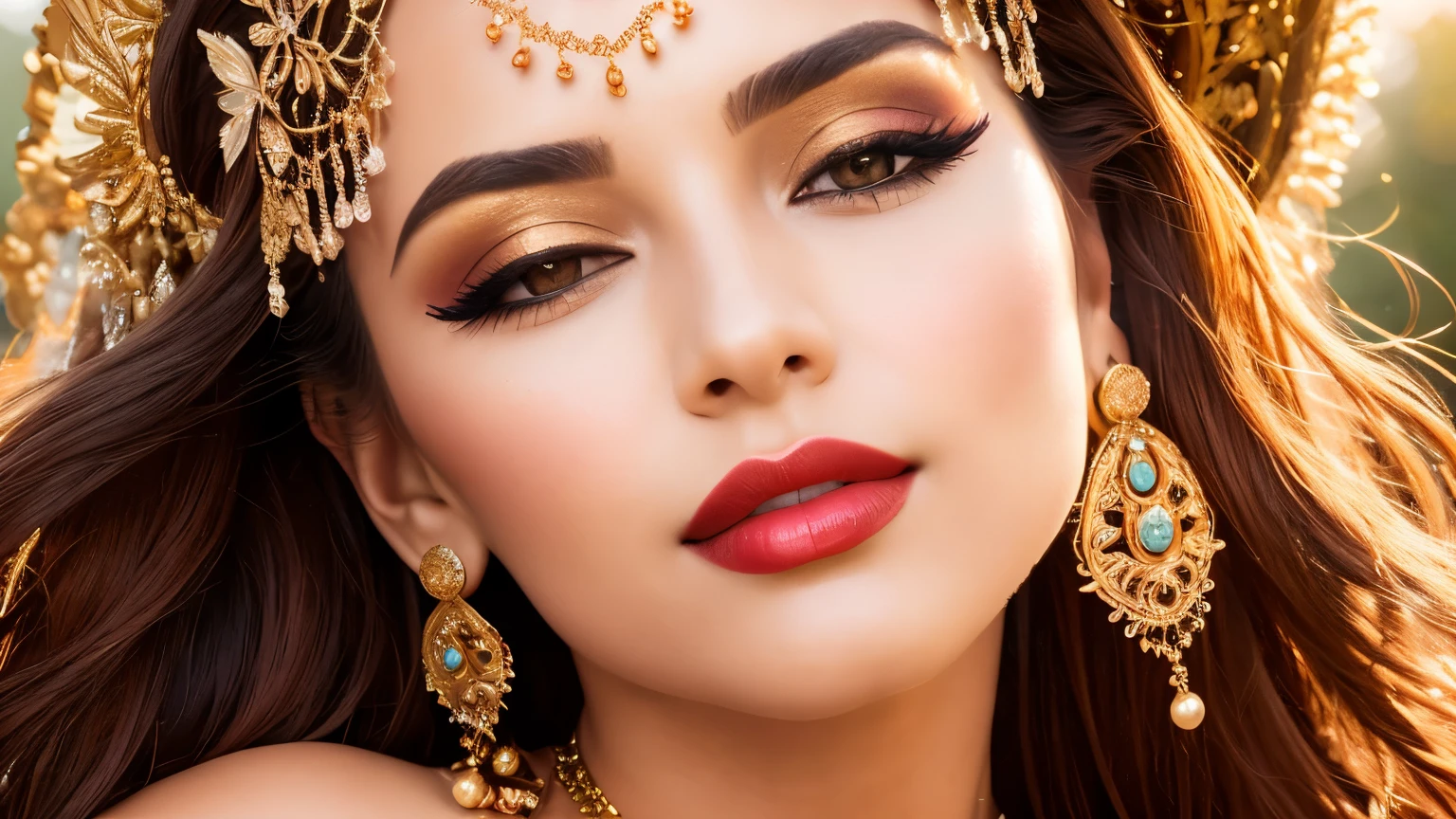 pretty girl: Indian, cute, stunningly beautiful, gorgeous; Age: 28 years old; hair: bronze orange color, smooth, shimmering in the sunlight, very detailed; skin: ivory white, rosy and flawless; eyes: pure black, ((realistic)), almond shaped, sexy, big breasts, youthful, clear, super detailed, elegant, seductive, vivid makeup, sharp, ((captivating the viewer) ); eyelids: delicate, perfect beauty; Eyebrows: arched, sparse, sharp; face: beautiful, pure, beautiful like a fairy, delicate makeup, lovely, perfectly balanced, beautiful in every detail, delicate features, ((with tattoos)); nose: pretty, lovely, high; Cheekbones: prominent; lips: seductive, light red lipstick, lovely lip gloss; teeth: moon crystal; breasts: full, deep cleavage, firm, bra-fit, protruding nipples; bra: bright red, gold embroidery, metallic; body: plump, attractive, full of youth; accessories: ruby ​​necklace, ruby ​​earrings; shirt: silk fabric, red, white silk belt, ((navel exposed)); clothing: tight, (((see-through))), flattering on the chest; underwear: bright red, ((embroidered with metallic thread)). Fashion style: high-end women, modern 2024, luxury; Photo quality: non-NSFW, 8K CG HD, sharp, super beautiful graphics, professional, detailed, vivid colors, super smooth, advanced techniques, super realistic RAW; lighting: luxurious, front projection, complex, black and gold tones; sunlight: sparkling, illuminating the girl's body; Setting: wonderland, colorful flower garden. (((Close-up photo of the girl's face, surreal, super detailed, highlighting the edges under the bright sunlight))).