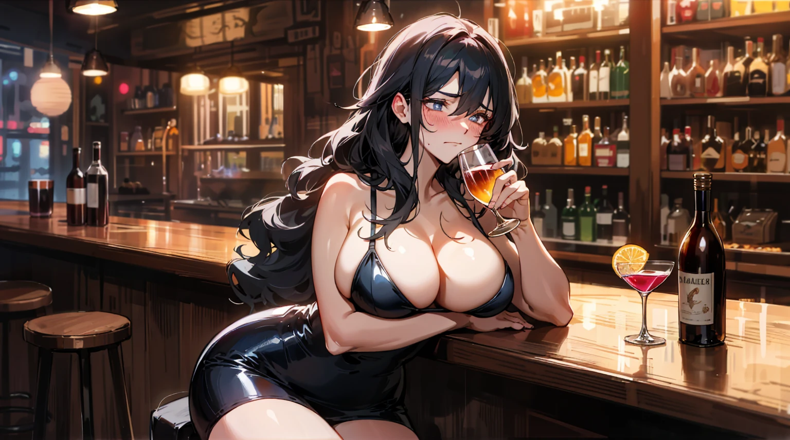 (best quality,masterpiece:1.2,details,4K),38 year old woman with sad expression,Drunk,blush,A glass of wine in hand,(Perfect hand structure),Looking at the camera, Striking a seductive pose, Black hair,Full figure,Big breasts,Big Ass,Glowing skin,Background is a bar,Dim shining light,Bar neon lights