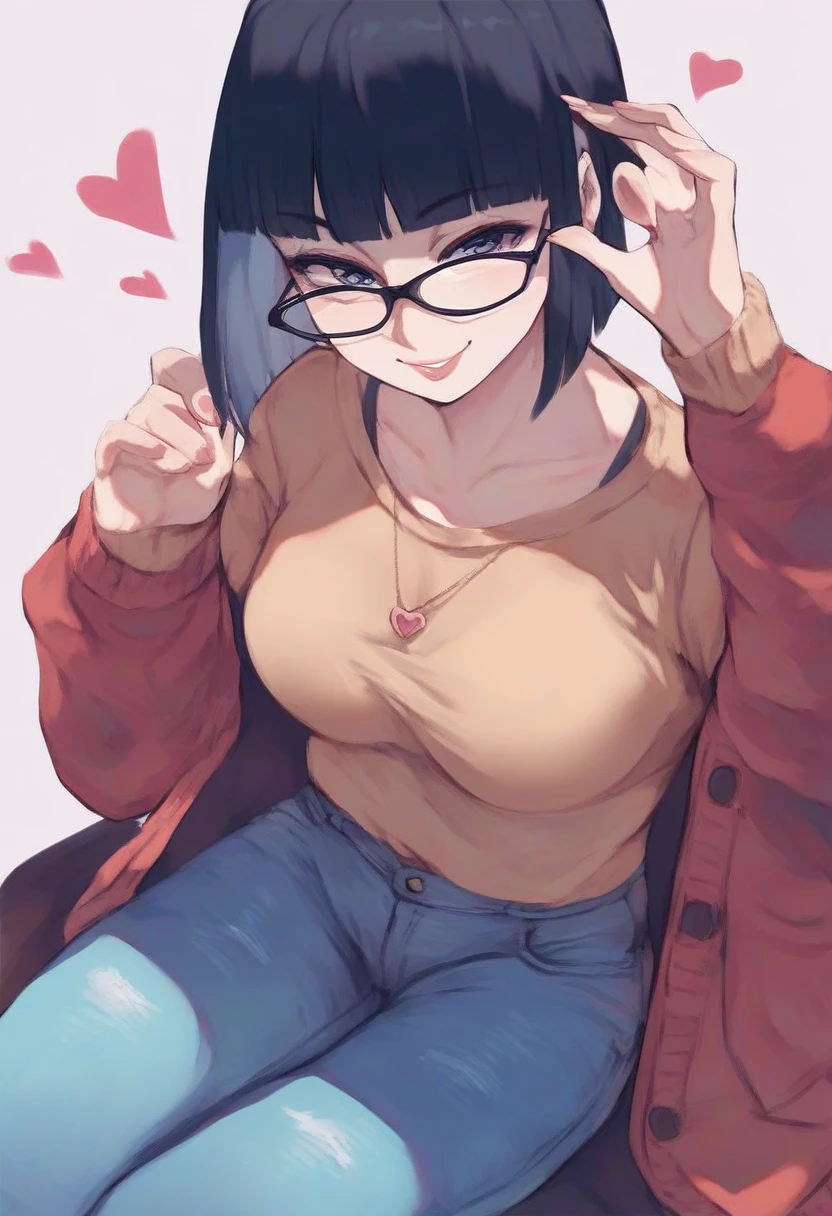 score_9, score_8_up, score_7_up, score_6_up, score_5_up, score_4_up, BREAK source_anime,rating_risky,a girl, curvy, pale skin, glasses. wearing cardigan and jeans, motherly smile, hime-cut hair, hearts in background, medium breasts,