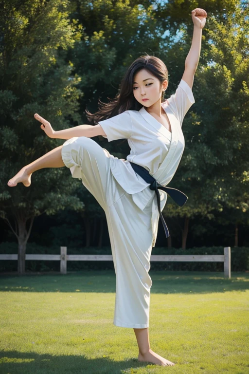 girl doing karate, green lawn, animation style, children's drawing, extremely detailed, best quality, (Masterpiece:1.5), (best quality:1.5).