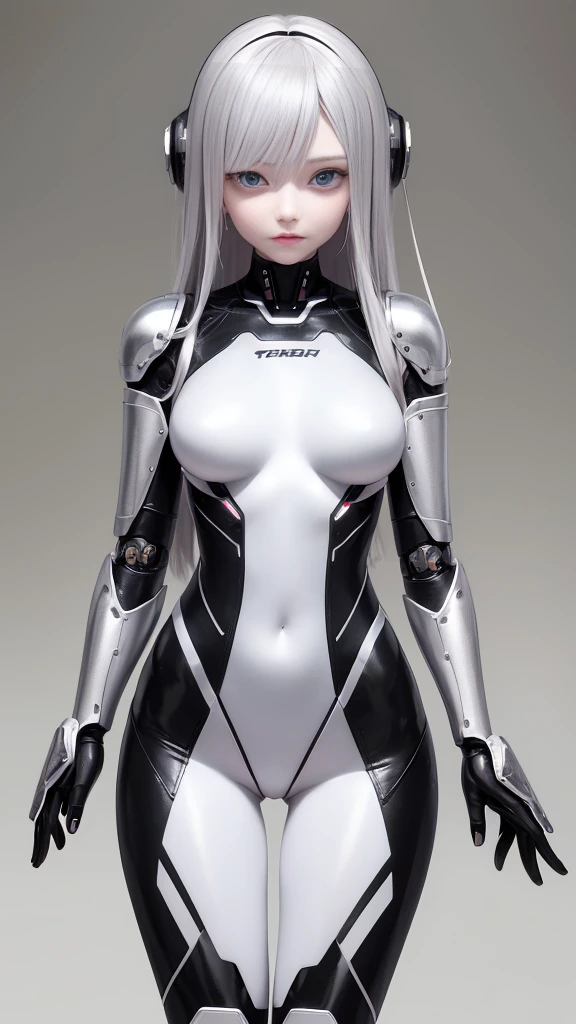 female robot, skin part is only face, silver metal skin, full metal robot body, mechanical parts, electronic wire, cum in pussy, high quality, medium breasts, long hair, tall, thigh gap, full body metal skin, wet, cum in pussy, metallic tits, separated breast, under repair, anatomical body