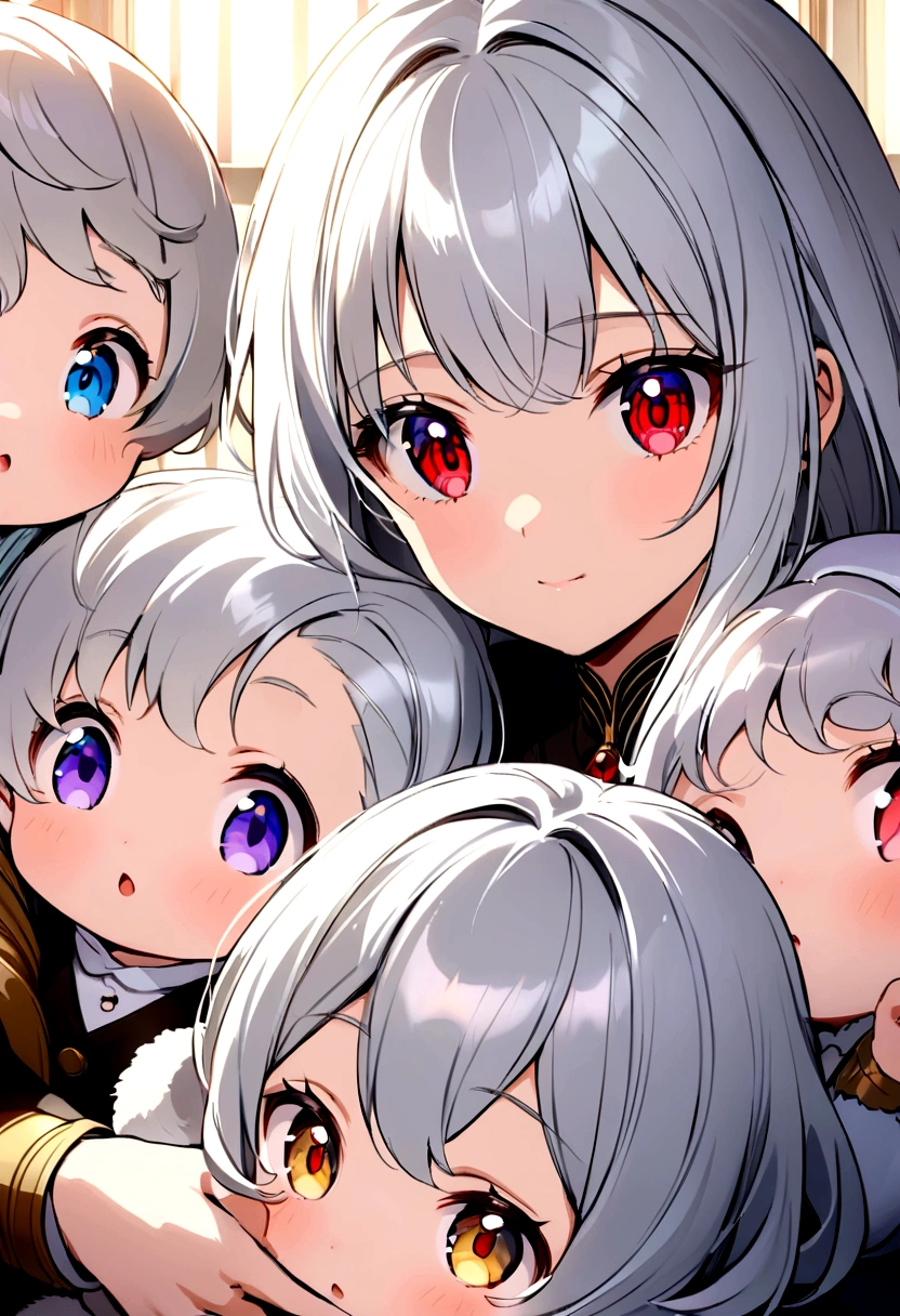 anime style woman ,silver hair golden eyes ,with five silver haired babies,one with blue eyes,another with golden eyes,another with red eyes ,another with purple eyes and the last one with black eyes ,tender and adorable babies