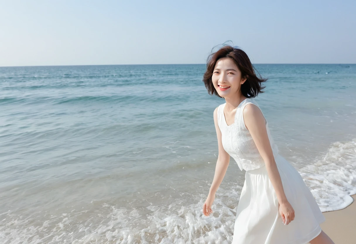 blue,Beach with white waves, Clear picture quality, Beautiful 36-year-old short Korean woman, Chest size 34 inches, Wear white short sleeves and sleeveless tops, lightweight mid length skirt. beautiful pretty woman look , wearing a light skirt , Go far and dip your toes in the waves. Short medium hair blowing in the wind, 1 woman, beautiful eyes, Smiling, Full-body photo taken from afar with a wide-angle lens, The background is clean and perfect., Waves are coming on the white sand beach, short woman
