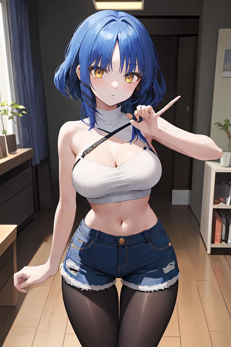 masterpiece, best quality, ultra-high-detailed, 1girl, black top, blue shorts, black pantyhose micro tanding、(Expressionless:1.3), Wide Hips, Thick thighs, (Thigh Gap:1.2), （Big Breasts:1.4),a room、（Being connected by a lead、）（squat:1.4)