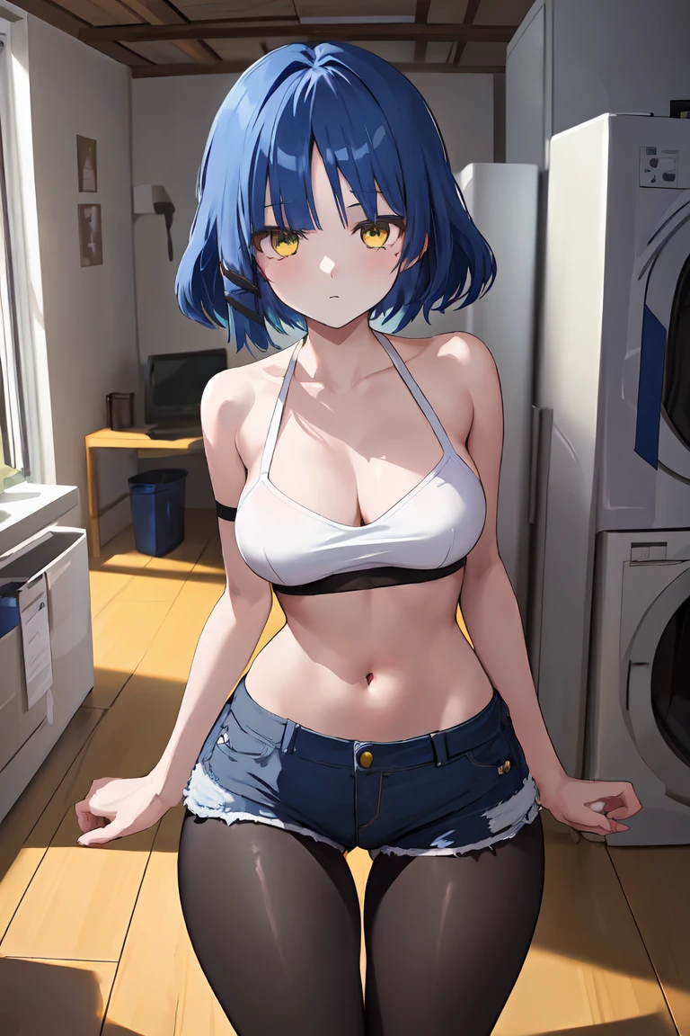 masterpiece, best quality, ultra-high-detailed, 1girl, black top, blue shorts, black pantyhose micro tanding、(Expressionless:1.3), Wide Hips, Thick thighs, (Thigh Gap:1.2), （Big Breasts:1.4),a room、（Being connected by a lead、）（squat:1.4)