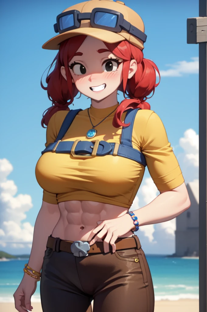 masterpiece, best quality, highres, jbrawl, black eyes, twintails, goggles on headwear, bracelet, yellow bra with a large neckline, abs, big breasts,(blushes 1.5), bag, belt, pants, wide-eyed, grin, arms at side