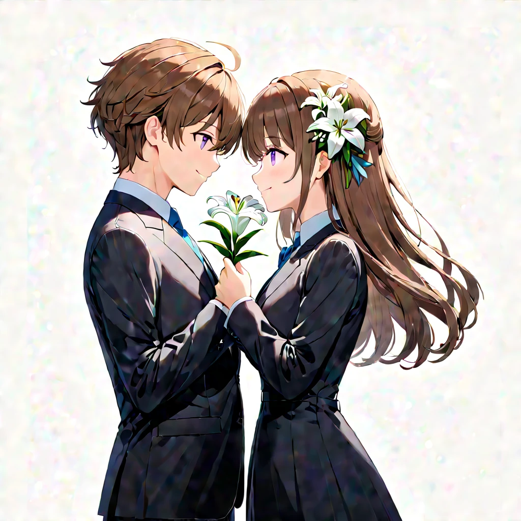 (masterpiece, best quality, pair, "Valentine's Day", face to face from side), long brown hair, purple eyes cute smile tilt face standing girl, a white lily flowet, a black-suits gentle-boy, simple background