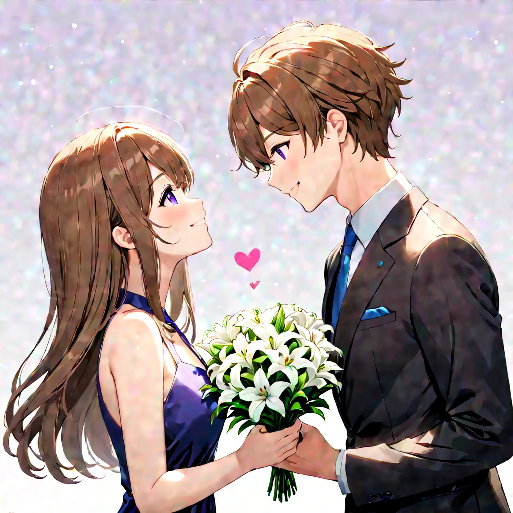 (masterpiece, best quality, pair, "Valentine's Day", face to face from side), long brown hair, purple eyes cute smile tilt face standing girl, a white lily flowet, a black-suits gentle-boy, simple background