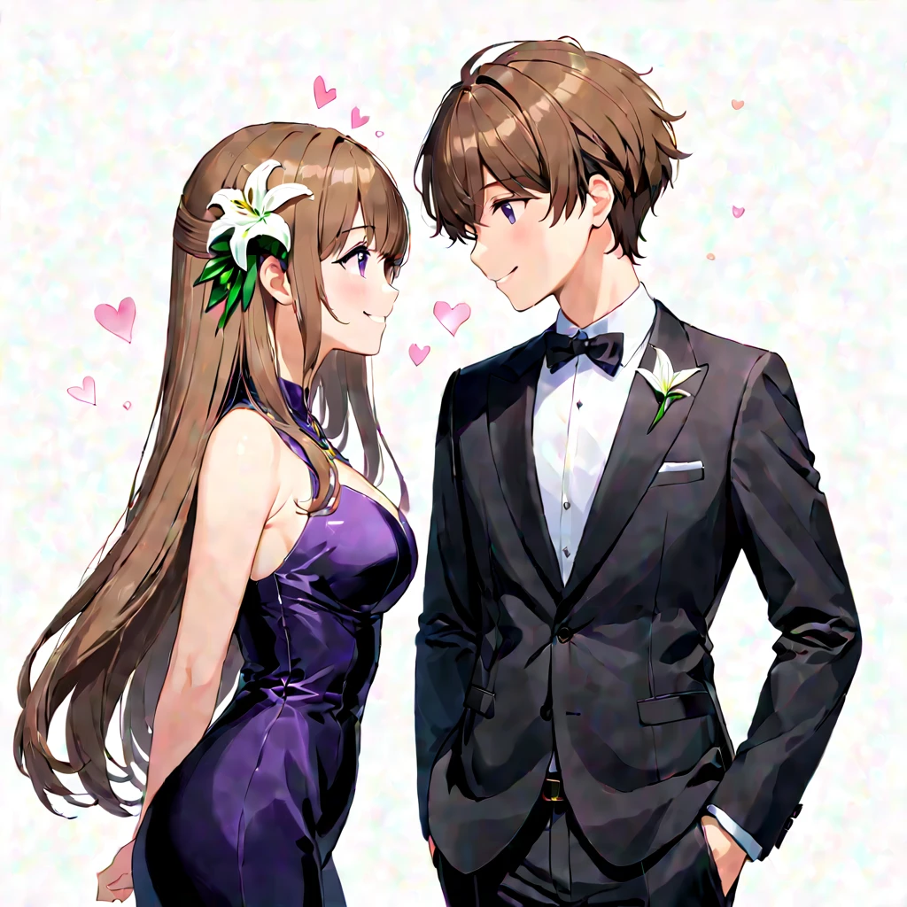 (masterpiece, best quality, pair, "Valentine's Day", face to face from side), long brown hair, purple eyes cute smile tilt face standing girl, a white lily flowet, a black-suits gentle-boy, simple background
