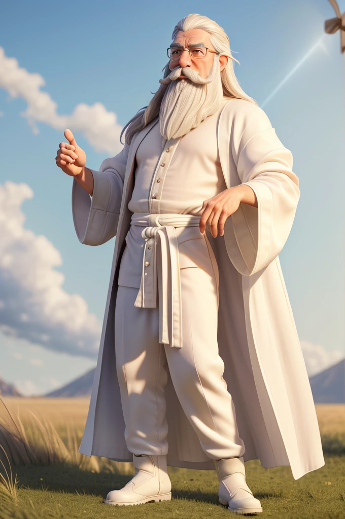 Gandalf, (pose:Full Body Shot), (posing:Full Body Shot), (soft shading), (((4k, hi res, Ray tracing))), (((five fingers, detailed hands))), ((detailed face, (detailed eyes:1.0), detailed)), by zackarry911, by zaush, (by personalami:0.5), looking at viewer, (((happy,flirting eyes))), (((old and wise))), (((Highly detailed hair))), standing,(((standing))),((( Mustache,beard))) ,male focus, white hair, (((handsome))), nature, // ((human)),(((white Robe,white shirt, brown longpant, brown boot))),((Human, looking at viewer)),((grassy field background, lens blur, lens flare)),
