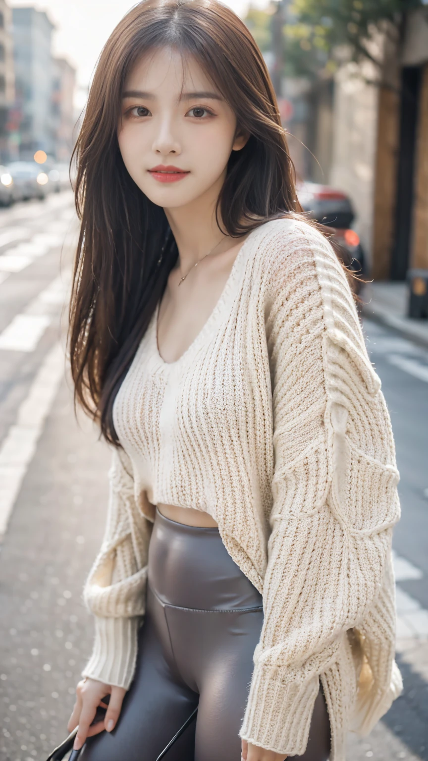 Masterpiece, The best quality, Ultra-high resolution, High detail photo, Unity 8K Wallpaper, Extremely detailed CG:1.2), depth of field, bokeh, (RAW photo:1.Realistic photography:1.4), (1girl:1.5), YOUNG, physically based representation, beautiful, (Finely detailed face:1.4, Detailed clothing), (detailed:1.4) named (eimi fukada:1.1) BREAK Cara hermosa, depth of field, Add layer, hyperrealistic, 27 years old, perfect body model, perfect breasts, 175cm tall, pose sexy, full body, whole body, Model Body Type, BREAK (oversized sweater, leggings:1.3), (long hair:1.2), double eyelid BREAK street view, selfie,, cute smile
