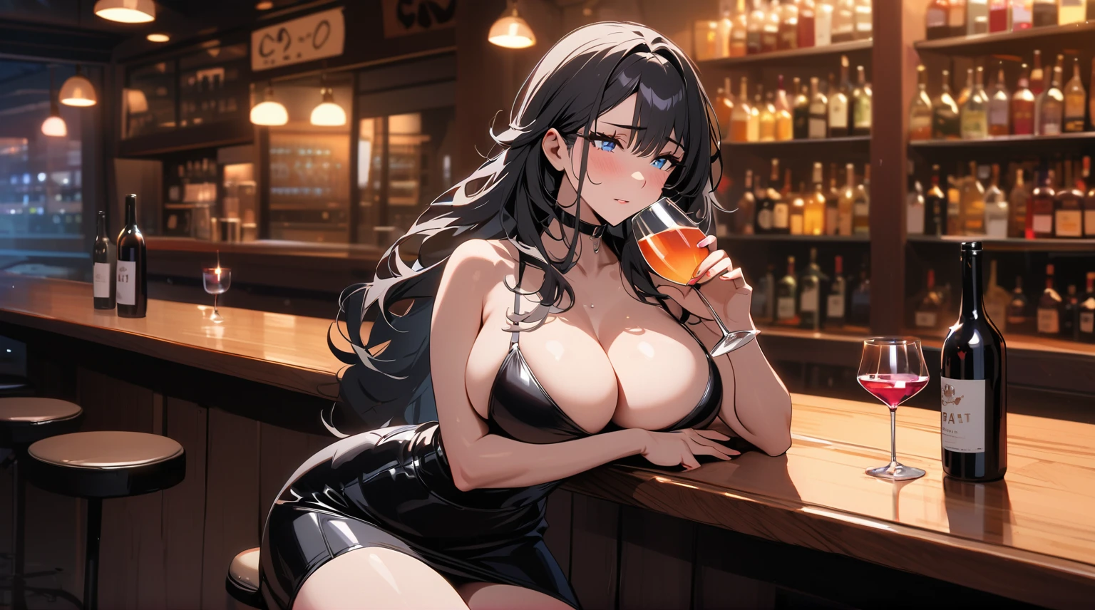 (Sad expression wife),A woman mature and sexy,Delicate face,Sitting at the bar with a glass of wine,A cautious expression,Black skirt, (black hair),(Eyes with large blue irises,,(Large Breasts),Big buttocks,(5 feet tall)), Pop music (masterpiece, best quality:1.1),Detailed hands,Pop musicart style,