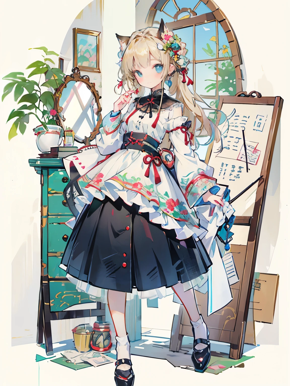 ((masterpiece, best quality: 1.1), ((穿着蓝色裙子的cartoon女孩)), 试衣服的cartoon女孩, , A blonde、Long hair、Very Beautiful Anime Girl, cartoon , Girl choosing clothes, Charming girl, Inspired by Reiko Ikemura, Aya Kono color style,, cute, Desire Personality, Guang Jiangli、Smile、cute的女孩、Girl standing in front of the mirror trying on clothes、Girly atmosphere、Bedroom Background、nice headpiece,精致的illustration,Full body pictures,illustration,illustration,Large mirror,Full-length lens,Room Background