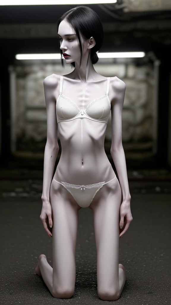 a woman, very thin body, body visible bones, sweaty weat body, very slender, pale white skin, panties, bra,tatto, full body, has a mental breakdown in an underground prison.