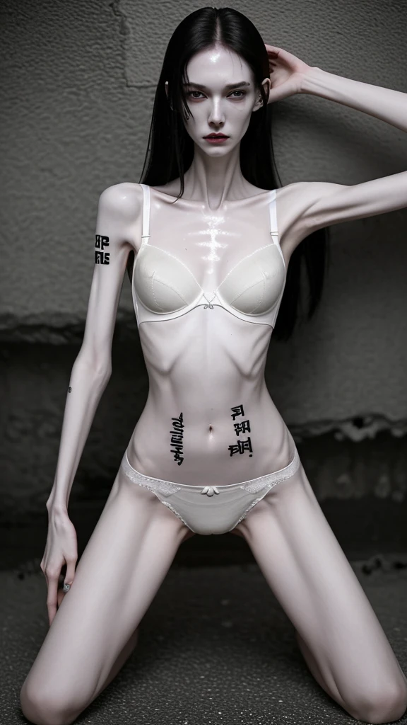 a woman, very thin body, body visible bones, sweaty weat body, very slender, pale white skin, panties, bra,tatto, full body, has a mental breakdown in an underground prison.