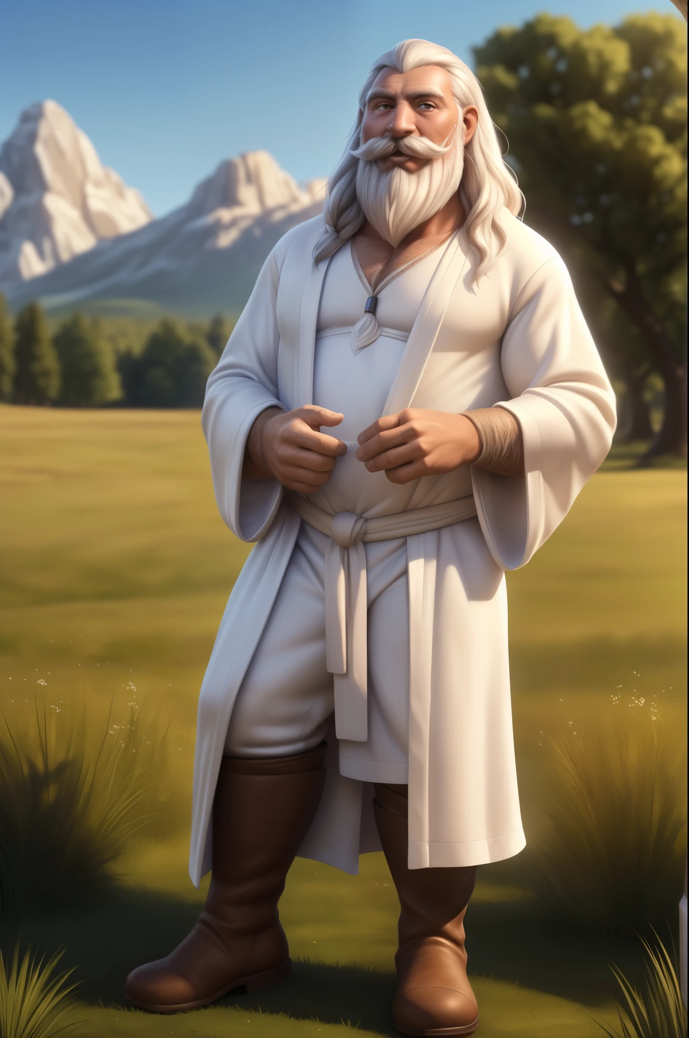 Gandalf, (pose:Full Body Shot), (posing:Full Body Shot), (soft shading), (((4k, hi res, Ray tracing))), ((((extreme detailed sweat drops, glistening, glistening body))), (((five fingers, detailed hands))), ((detailed face, (detailed eyes:1.0), detailed)), by zackarry911, by zaush, (by personalami:0.5), looking at viewer, (((happy,wise eyes))), (((old and wise))), 1boy, (((Highly detailed hair))), standing,(((standing,ashamed))),((( Mustache,beard))),(((dad bod))) ,male focus, white hair, (((handsome, sage))), nature, // ((human)),(((white Robe,longpant, brown boot))),((Human, looking at viewer)),((grassy field background, lens blur, lens flare)),