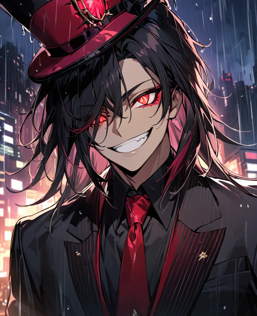  (black_hair), (deep_ruby_eyes), (detailed_eyes), (crazy_smile), (attractive), (night_city_background), (raining), (glowing_eyes), (male), (wearing _a_black_suit), (long_male_hair), (detailed_Hair), (detailed), (detailed_mouth), (Vertical_slit_pupils), (top_hat), (close_up)