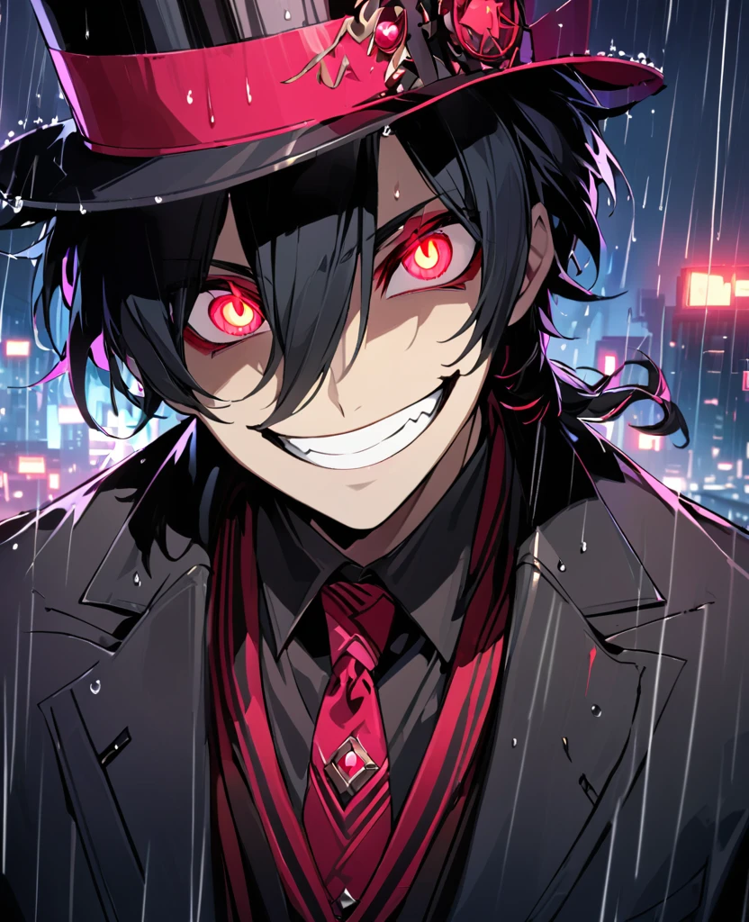  (black_hair), (deep_ruby_eyes), (detailed_eyes), (crazy_smile), (attractive), (night_city_background), (raining), (glowing_eyes), (male), (wearing _a_black_suit), (long_male_hair), (detailed_Hair), (detailed), (detailed_mouth), (Vertical_slit_pupils), (top_hat), (close_up)