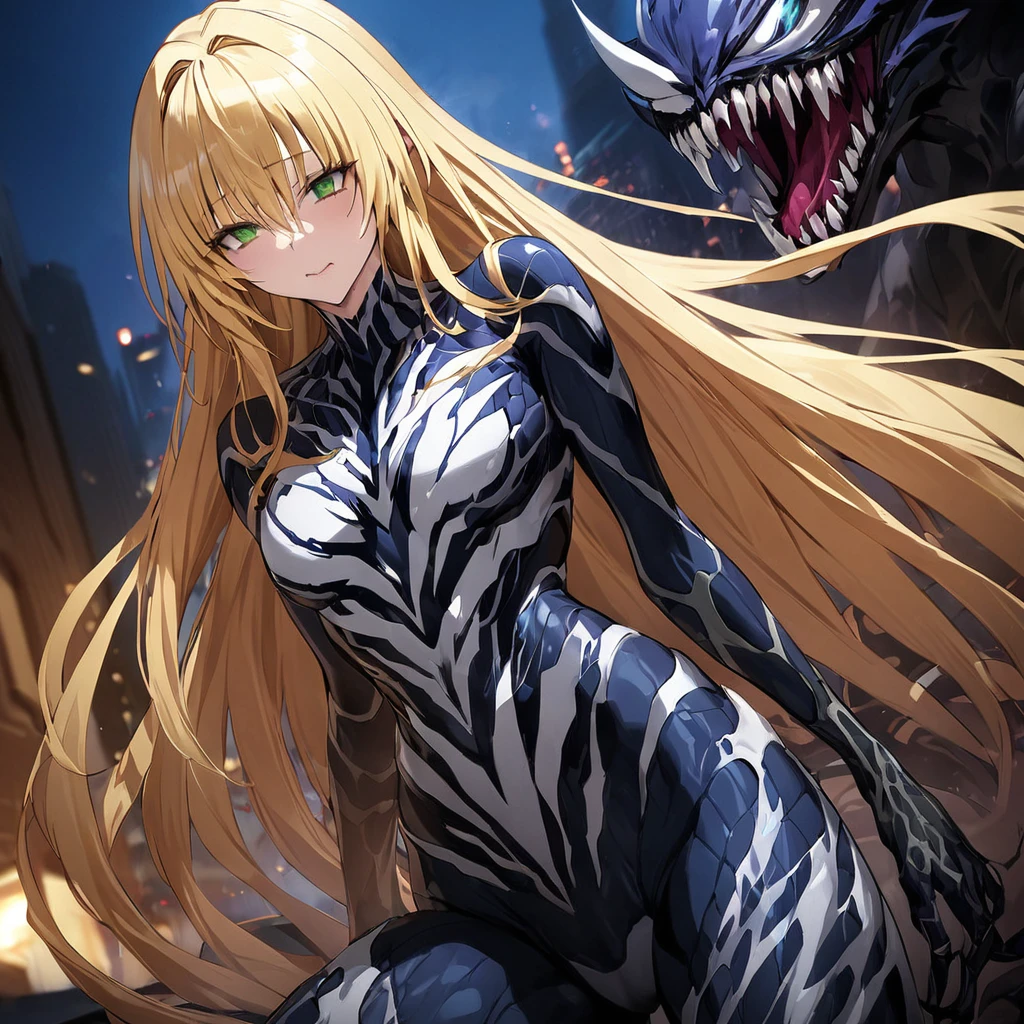 ((Highest quality)), ((masterpiece)), (detailed), （Perfect Face）、The female Venom is Tearju, a green-eyed, blonde, medium-long-haired female Venom, whose body has been completely transformed into Venom and who is wearing a Venom suit that fits her entire body, including her head, covering her completely, and she has been reborn as a complete Venom.