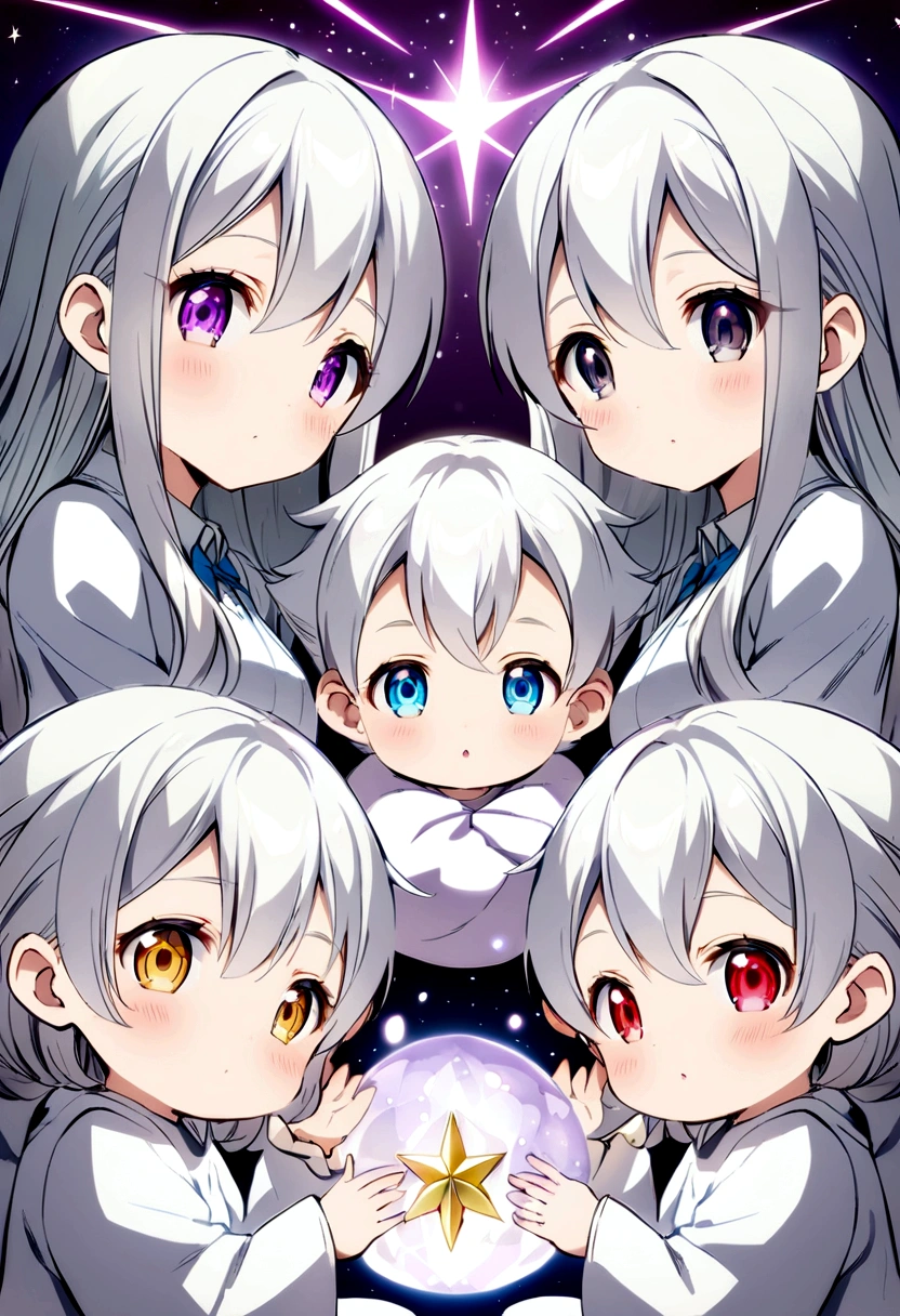 anime style woman ,silver hair golden eyes ,with five silver haired babies,one with blue eyes,another with golden eyes,another with red eyes ,another with purple eyes and the last one with black eyes ,tender and adorable babies