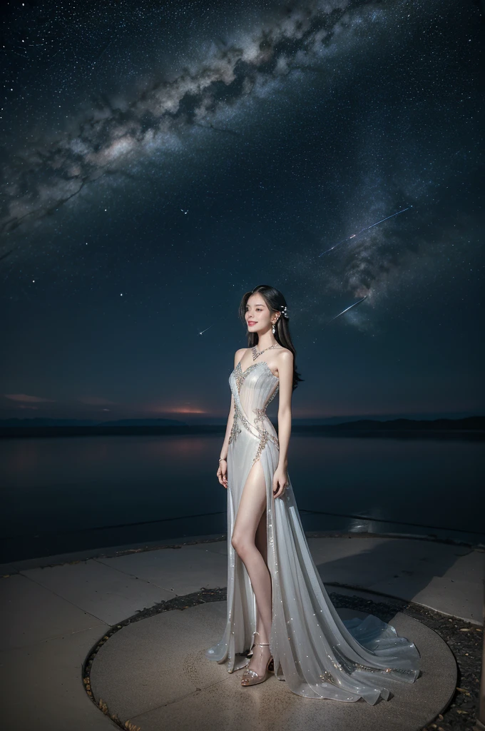 (((best quality))),(((ultra detailed))),(((masterpiece))),illustration,((A beautiful female astrologer,solo)),((slim,thin)),((small breasts,flat chest)),((shoulder length straight hair)),(laughing:1.2),(earrings,necklace),(sparkled sheer dress:1.3),(slender legs),standing beneath a magical summer night, stars twinkling in the velvety darkness,starry sky, sapphire eyes filled with wonder, flowing ethereal gown mimicking the stars, silver pendant shaped like a horoscope,serene smile and captivating gaze, celestial beauty and mystery, solace and inspiration in the vast expanse of the universe,((from front,full body))