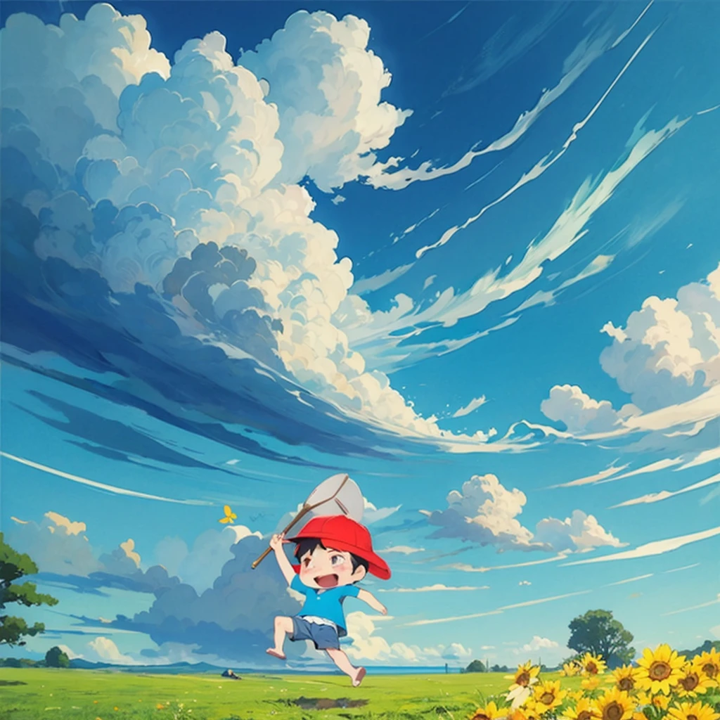 Summer blue sky、 Cumulonimbus、Green Field、Boy catching insects