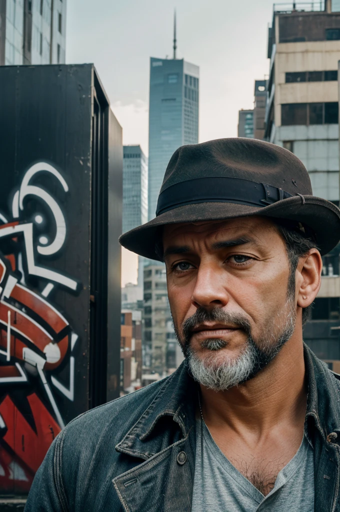 Create a book cover featuring a rugged man wearing a fedora hat. He should be standing in the foreground with a gritty urban cityscape in the background. The city should appear large and somewhat overwhelming, with tall buildings and visible graffiti to emphasize the struggle for survival. The color palette should be muted and somber, using shades of blue, gray, and brown to convey an emotional tone. In the distance, include subtle elements that hint at travel, such as a distant train or a bus, symbolizing the man's love of travel and his eventual departure from the city. The title of the book and the author's name should be prominently displayed in fonts that match the tone of the novel.