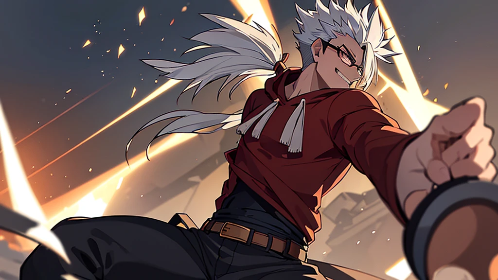 Perfect anatomy and highly detailed face, Delicate depiction of the eyes, Accurate drawing, Beautiful Hair, Detailed Background, Edgy, Depiction of a single male human in combat, The subject is only one man in his late 20s., Red hoodie and black pants, Warm, loose-fitting clothing, , A casual fashion style where you wrap your jacket around your waist, Tanned or deep brown skin, Her distinctive white or silver hair is tied in a short ponytail., He wears his distinctive trademark thick black-rimmed glasses., Modest earrings, Mafia with a cynical smile, A Villain with a Very Deep Wound, A sarcastic man with a malicious smile, A young man with narrowed eyes smiling, I have inner loneliness, Deep down, I feel like life is hard, Jealousy and envy towards successful people, The insight and resignation that come from hard work and failure, Perverse Desperation, Sword in a sheath, A mercenary with a scimitar on his belt, Wielder of a sheathed sabre, The scene of a large-scale indiscriminate terrorist attack, Burning and collapsing building,