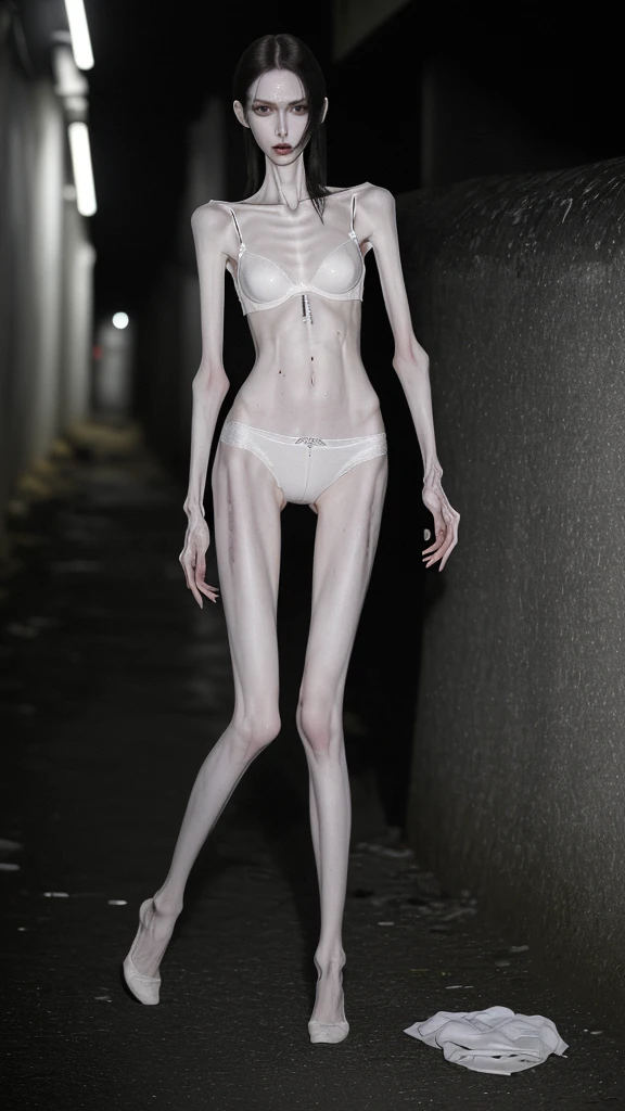 a woman, very thin body, body visible bones, sweaty weat body, very slender, pale white skin, panties, bra,tatto, full body, has a mental breakdown in an underground prison.