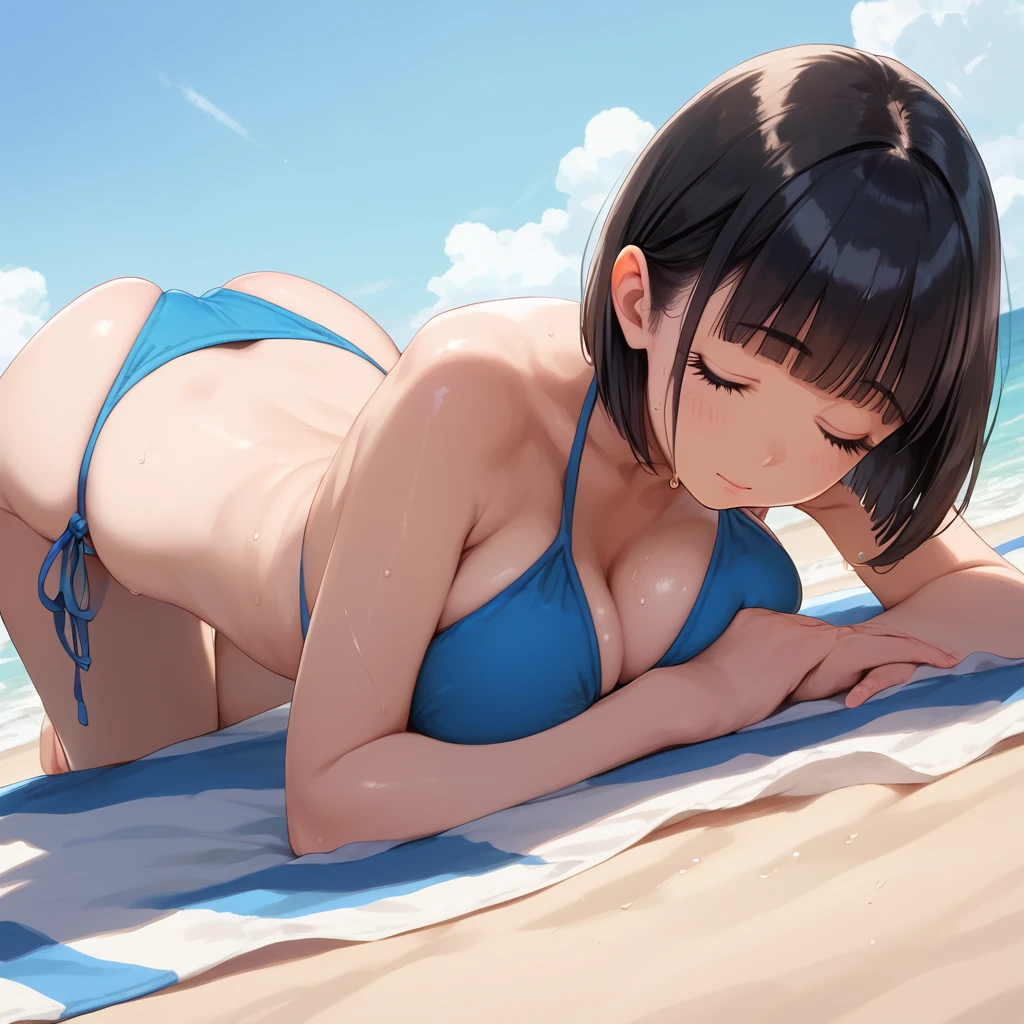 score_9,score_8_up,score_7_up,masterpiece,best quality, source anime, realistic, super detailed, extreme detailed, rating_,
1girl, top down bottom up, from side,
BREAK girl, 22yo, short hair, bob cut, (blunt bangs), black hair, (tareme, detailed cute brown eyes), curled eyelashes, (large breasts:0.9),
shiny hair, beautiful detailed eyes, beautiful face,
bikini, (closed eyes:1.2), sweat, outdoors, beach,