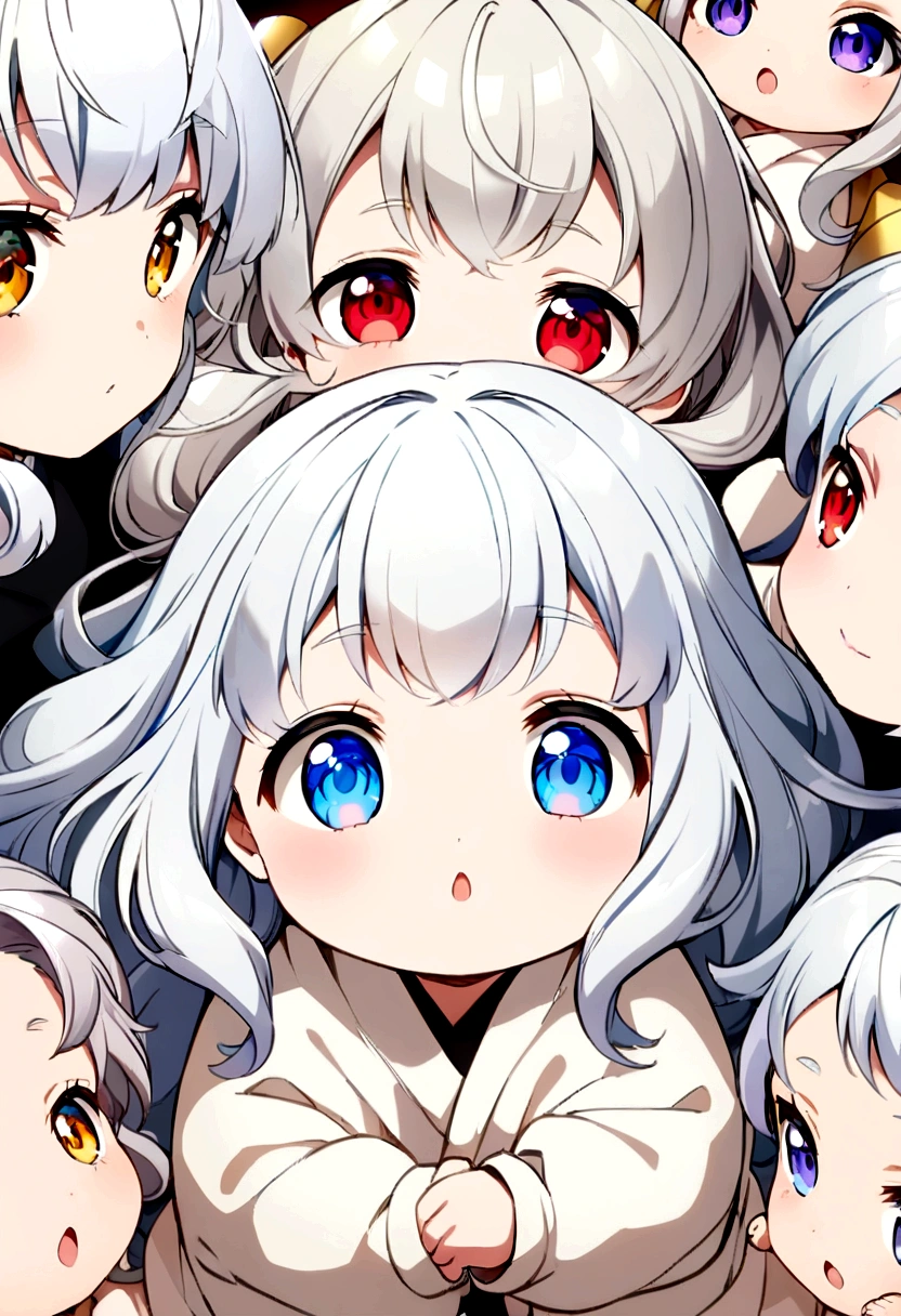 anime style woman ,silver hair golden eyes ,with five silver haired babies,one with blue eyes,another with golden eyes,another with red eyes ,another with purple eyes and the last one with black eyes ,tender and adorable babies