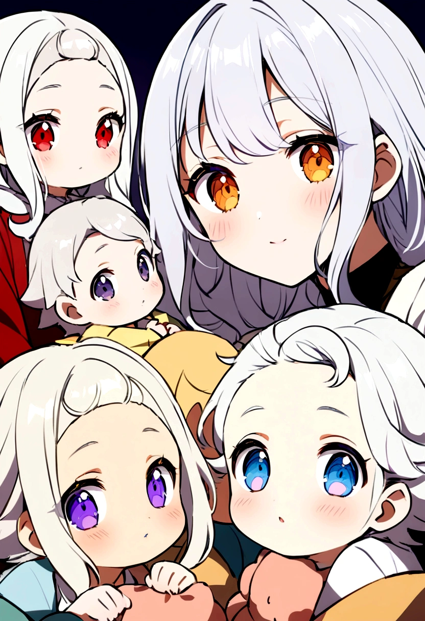 anime style woman ,silver hair golden eyes ,with five silver haired babies,one with blue eyes,another with golden eyes,another with red eyes ,another with purple eyes and the last one with black eyes ,tender and adorable babies 