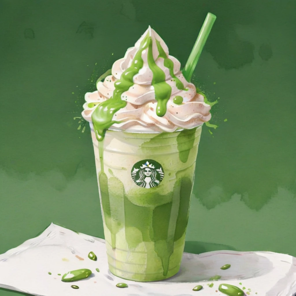 Generates a watercolor-style image of a matcha frappuccino, Plenty of whipped cream, Served in a paper cup. It highlights the creamy texture of the whipped cream and the vibrant green color of the matcha blend.. Watercolor techniques give fluidity, The drink looks soft, The colors blend gently into the background. Enhance smooth contrast, With a foamy topping and rich, Visually appealing composition of drink texture,