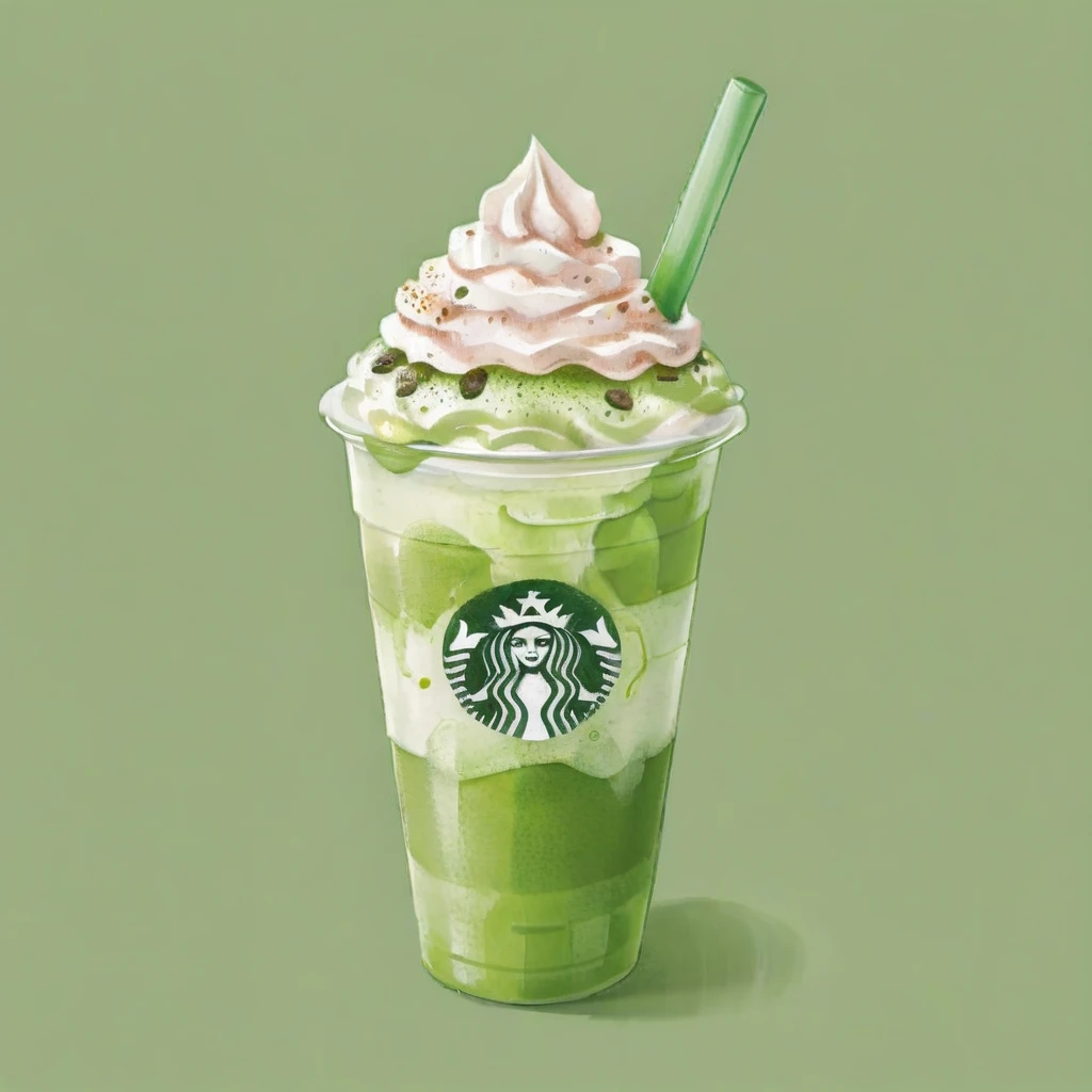 Generates a watercolor-style image of a matcha frappuccino, Plenty of whipped cream, Served in a paper cup. It highlights the creamy texture of the whipped cream and the vibrant green color of the matcha blend.. Watercolor techniques give fluidity, The drink looks soft, The colors blend gently into the background. Enhance smooth contrast, With a foamy topping and rich, Visually appealing composition of drink texture,