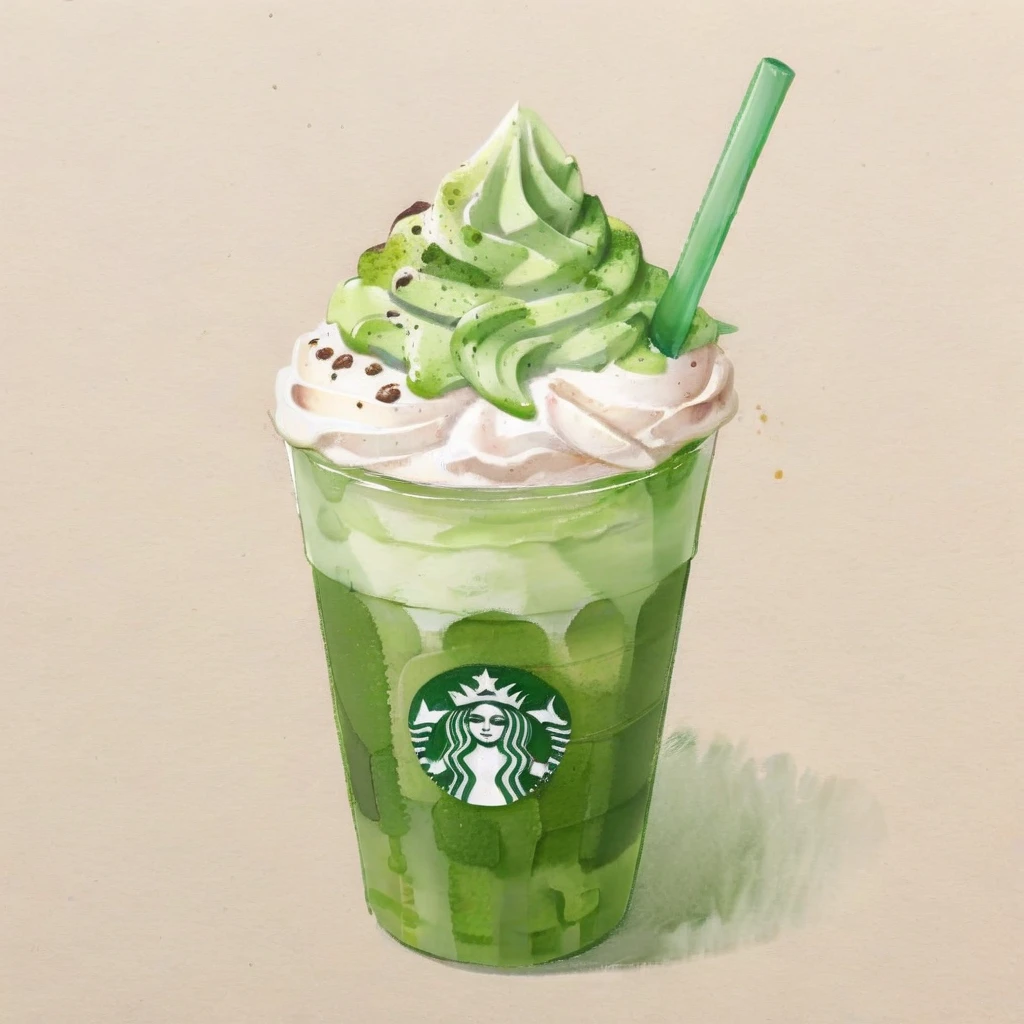 Generates a watercolor-style image of a matcha frappuccino, Plenty of whipped cream, Served in a paper cup. It highlights the creamy texture of the whipped cream and the vibrant green color of the matcha blend.. Watercolor techniques give fluidity, The drink looks soft, The colors blend gently into the background. Enhance smooth contrast, With a foamy topping and rich, Visually appealing composition of drink texture,