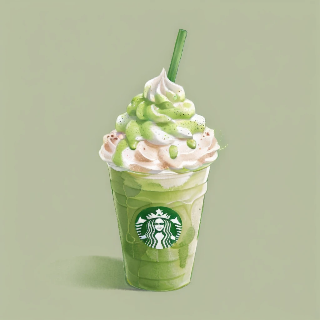 Generates a watercolor-style image of a matcha frappuccino, Plenty of whipped cream, Served in a paper cup. It highlights the creamy texture of the whipped cream and the vibrant green color of the matcha blend.. Watercolor techniques give fluidity, The drink looks soft, The colors blend gently into the background. Enhance smooth contrast, With a foamy topping and rich, Visually appealing composition of drink texture,