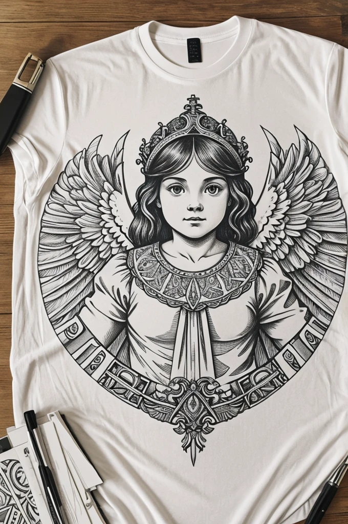 Create a completely symmetrical design of a shirt with reference to the shape of a cherub according to the Bible