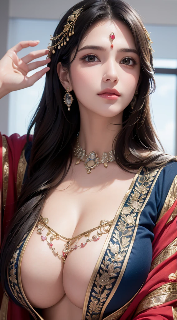 1girl, cute face,pretty face, jaw dropping beauty, Indian clothes, ((ultra high detailed 1.9)),((ultra high resolution 1.9)),((ultra high quality 1.9)),(masterpiece)), (perfect lightings), (very Big breasts 1.9)), ultra huge breast, deep neckline sexy navel, very Big breasts, bursting breast, ultra huge breast, very huge tits