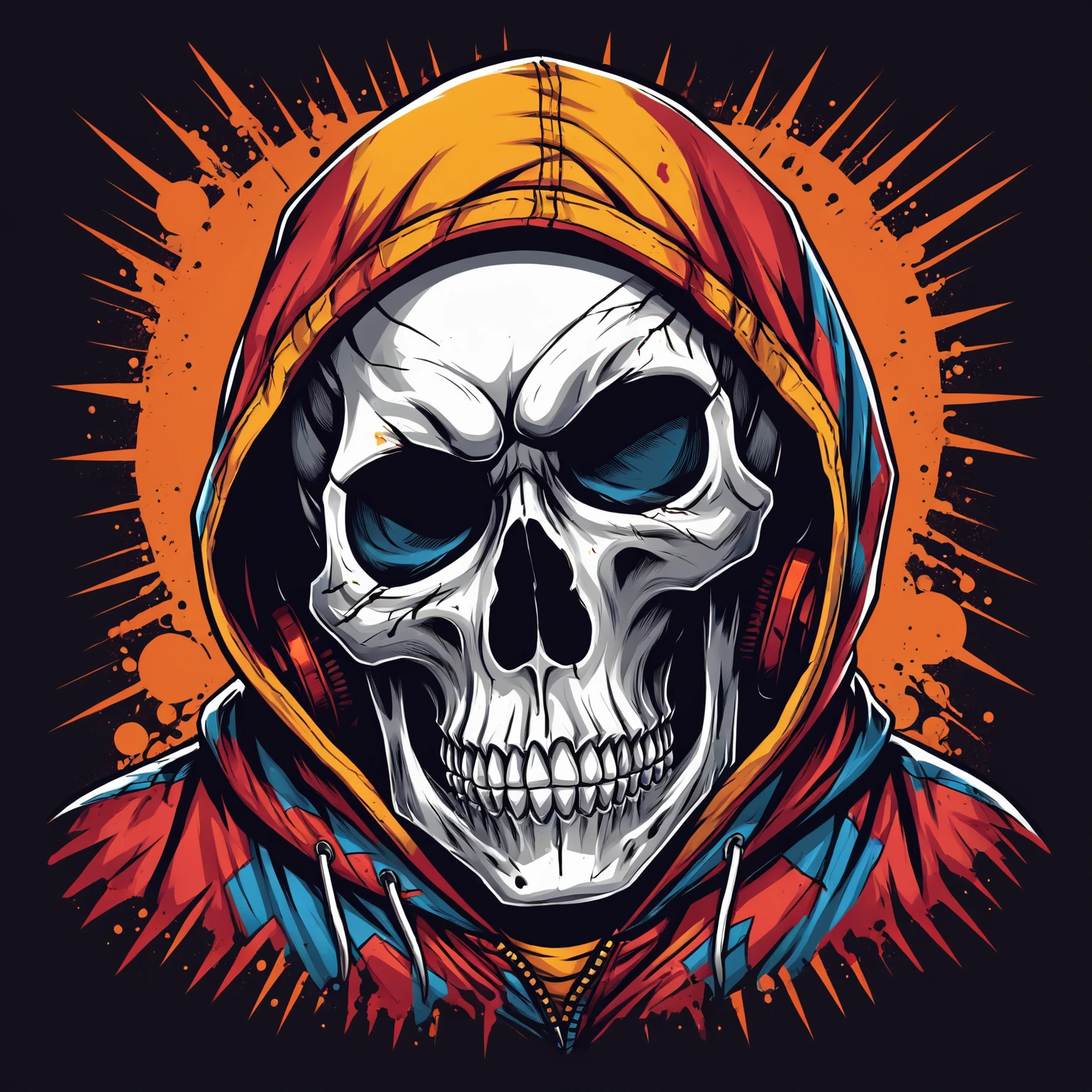 comic skull head, Hip-Hop Style, t shirt design, flat-colors, vectorial art,  ((black backdrop)) . graphic illustration, comic book art, graphic novel art, Vibrant, highy detailed
