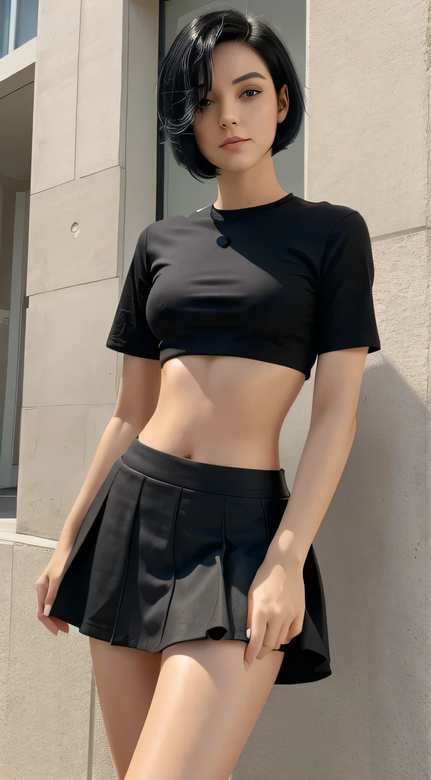 Name ( era )
Gender ( female )
Appearance ( very short black hair fet body age 26 )
In crop top and very short skirt
