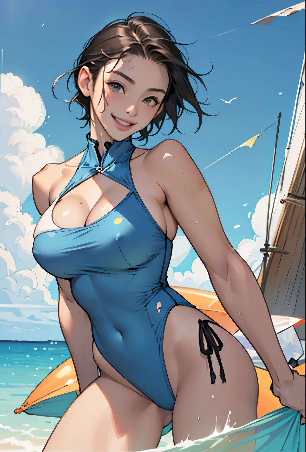 Realistic、Face reality、With a girl、Swimwear、Sexy smile、My breasts have gotten a little bigger、Sexy pose、From the front it looks like a one-piece, but from the back it looks like a mono bikini、